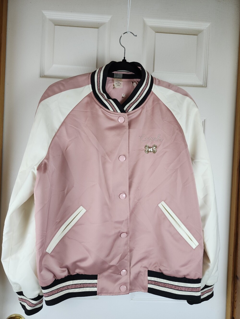 Coach Reversible Floral Solid Pink White Varsity Bomber Jacket Women Large